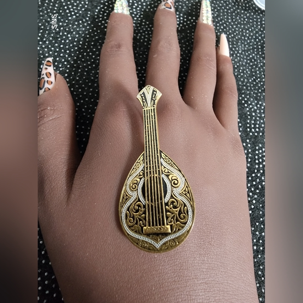 Spanish Damascene Mandolin Brooch | Gold Filled | Vintage c.1960's